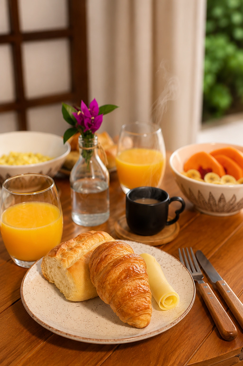 Café da manhã servido no AMARA, com frutas, suco, café e pães