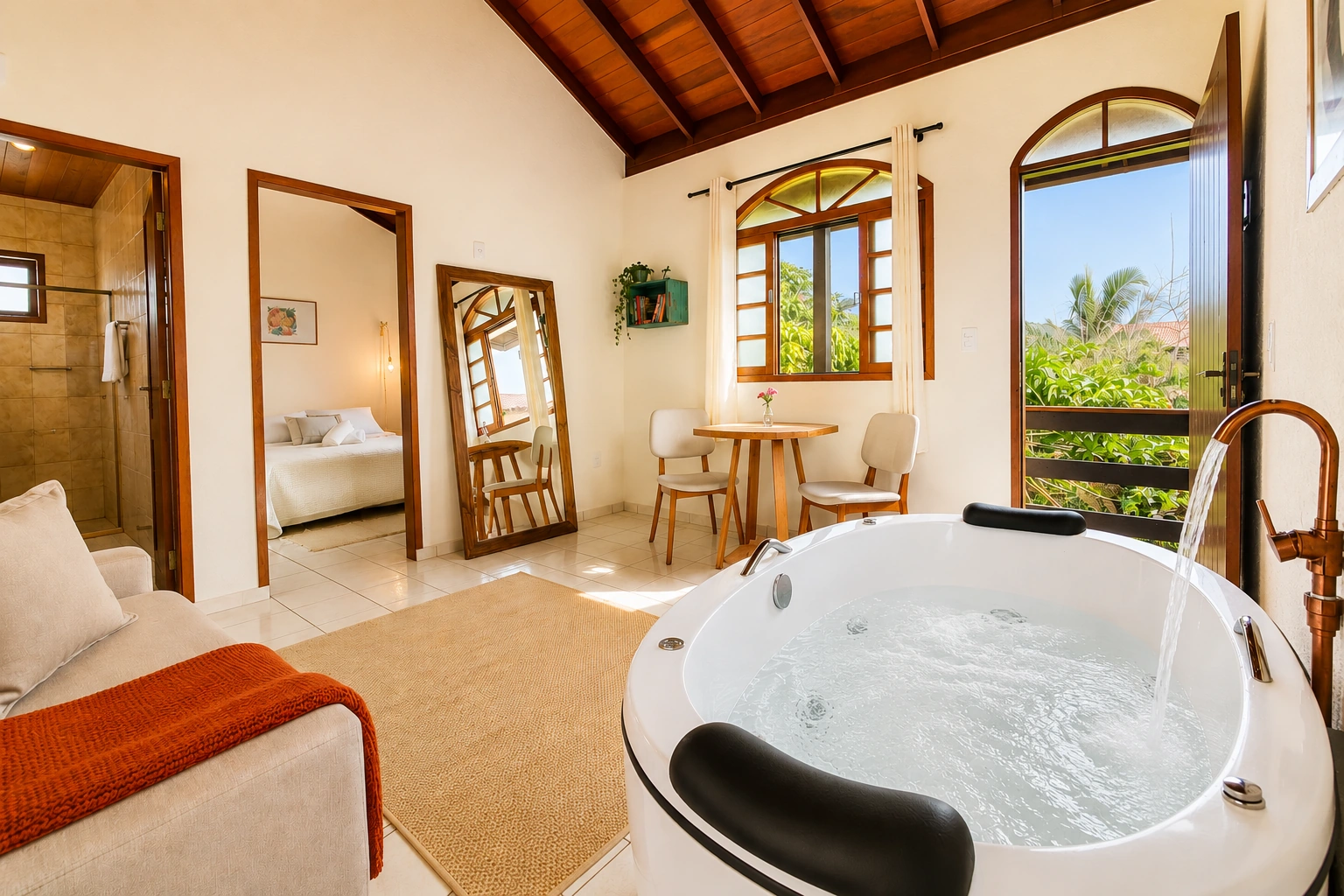 Ambiente do Amara Guest House com jacuzzi, madeira e vista para a vegetação